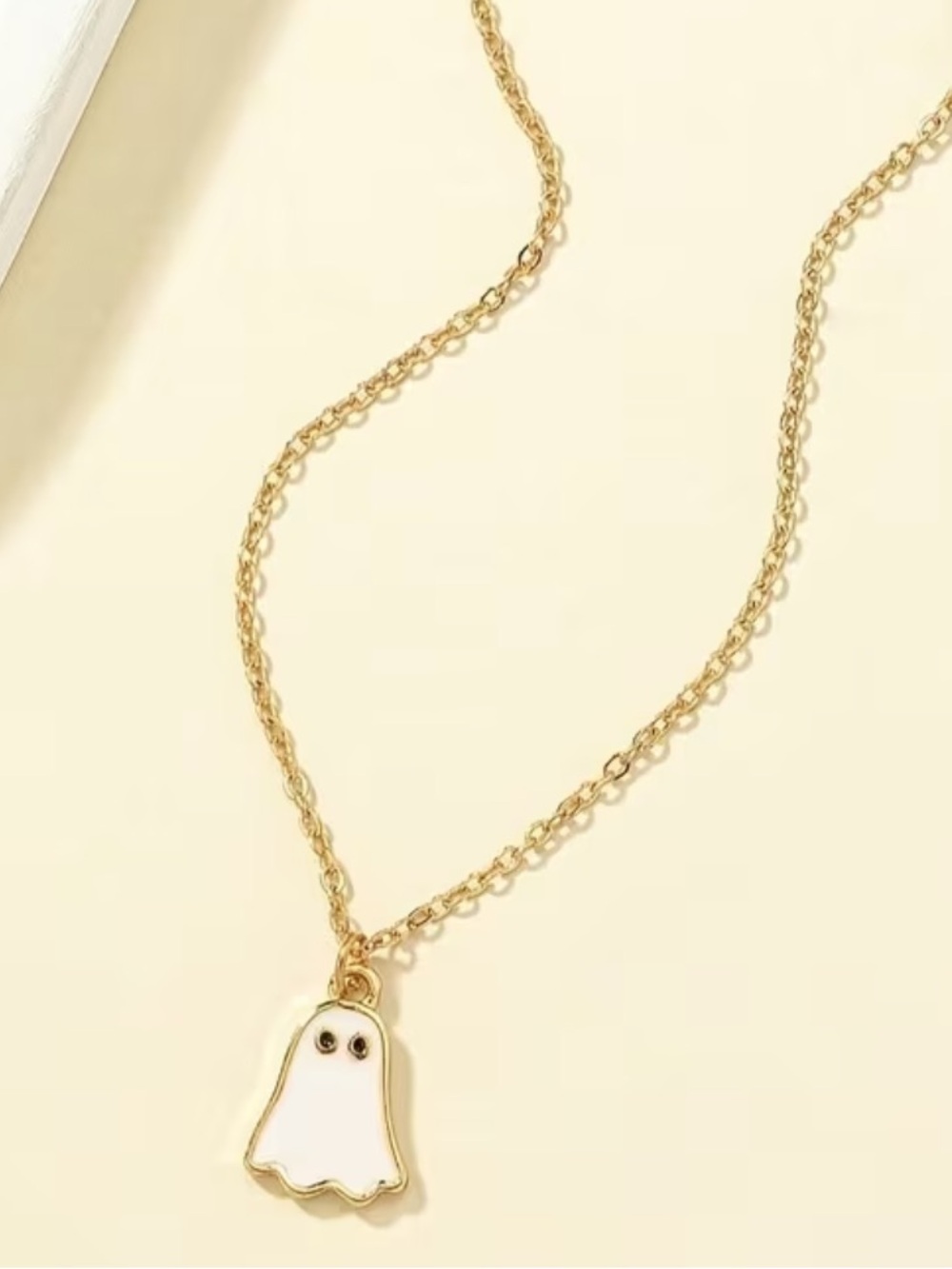 Halloween White Ghost Pendant Gold Tone Necklace
